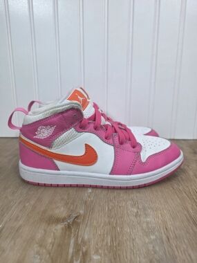 Nike Air Jordan 1 Mid GS Pinksicle Pink, White & Orange Youth Sneakers 2Y